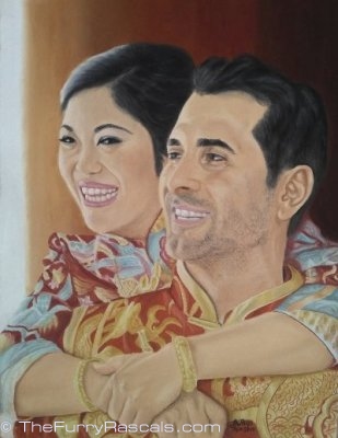 Portrait Painting of Hong Kong couple on their wedding day, in soft pastels - The Furry Rascals, Cyprus